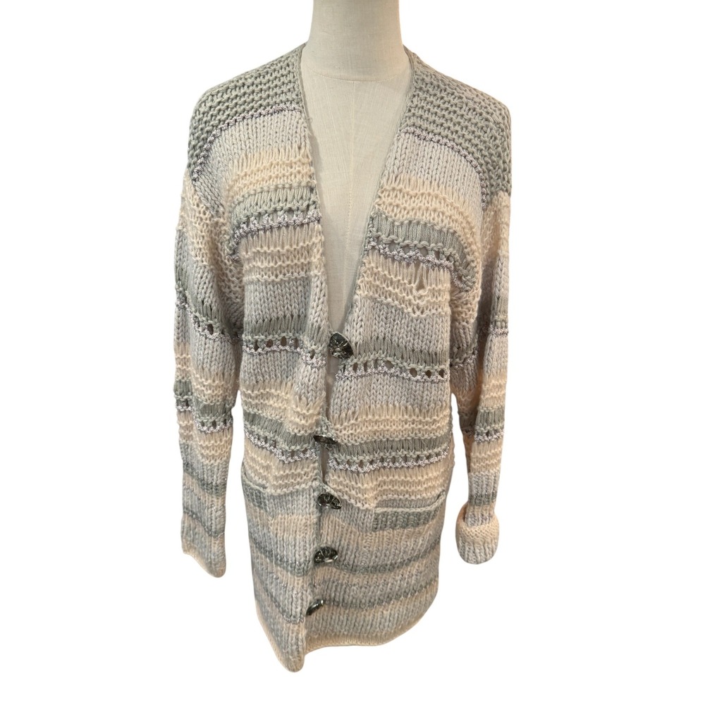 Boston Proper Womens Medium Chunky Knit Cardigan Striped Metallic Jewel Button